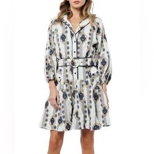 Ciebon Embroidered Cream Cotton Dress with Navy & Tan Motif